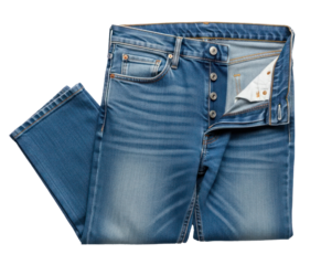 A pair of blue jeans with a button fly and belt loops, laid out flat on a white background.