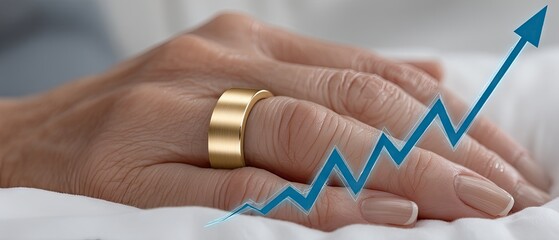 Gold ring on a hand with a rising graph symbolizing growth and success in financial investments