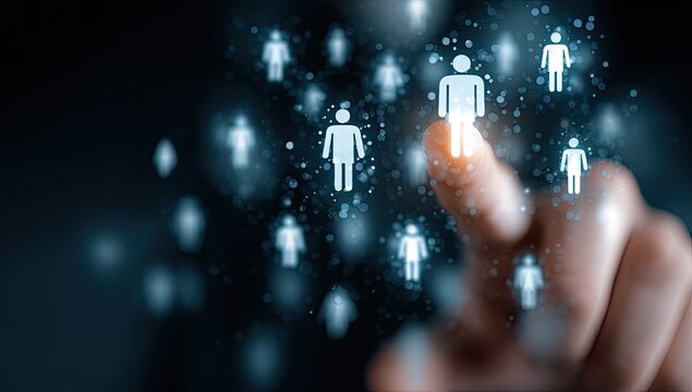 A person's index finger highlights a glowing human icon in a digital network