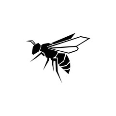 Geometric stylized black silhouette of a bee with transparent wings, on white