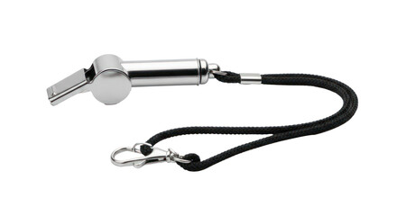Obraz premium A silver whistle with a black cord on a white background.