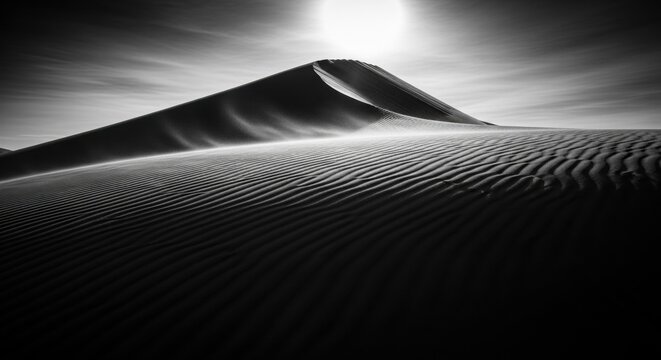 Dramatic Black and White Desert Dune with Rippled Sand and Bright Sun