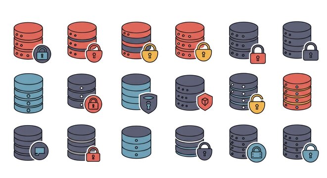 Database server icons collection. Data storage security symbol set