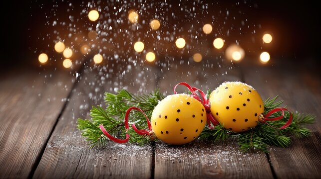 Festive yellow eggs with black polka dots on a pine branch surrounded by snow and glowing lights create a joyful winter scene