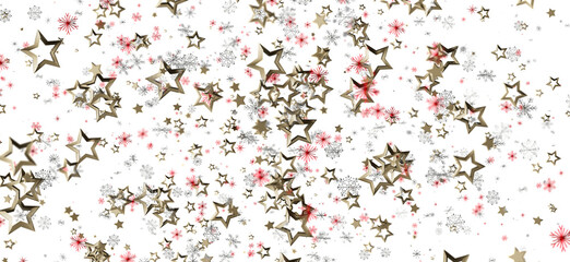 Festive golden stars, red snowflakes, and winter celebration on a white background. Perfect for Christmas and New Year designs, happy holidays,