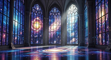 A grand hall with towering arched windows displaying vibrant galaxies, casting colorful light patterns on the floor, creating a celestial and aweinspiring atmosphere