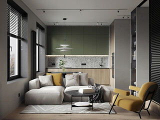 Modern open-plan living room and kitchen with green cabinets, neutral tones, and cozy furniture.
