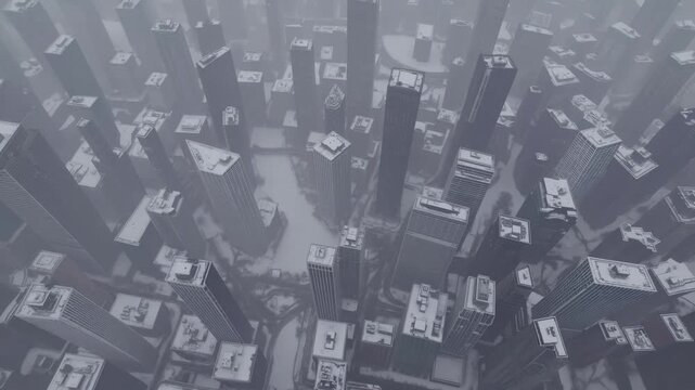 High-angle aerial view of a densely packed, dark urban cityscape during a blizzard or nuclear winter, skyscrapers and buildings covered in snow and shrouded in thick, desolate fog, apocalyptic 
