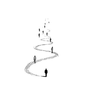 Sketch of people walking along a winding path with a white background in a minimalist style illustration