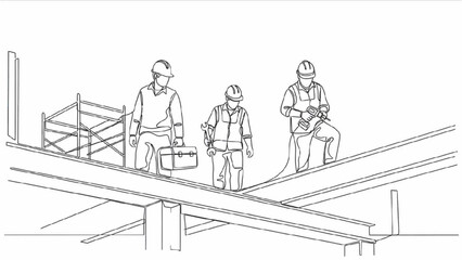 Minimalist Continuous Line Art of Construction Workers Wearing Helmets and Carrying Tools, Black and White Illustration of Teamwork and Construction Labor