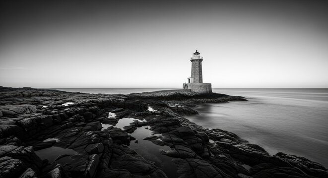 Dramatic Black and White Lighthouse on Rocky Coastline with Smooth Ocean Waves