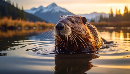A close-up shot of a beaver swimming in a tranquil lake. Mountains and golden-hour skies form a breathtaking backdrop