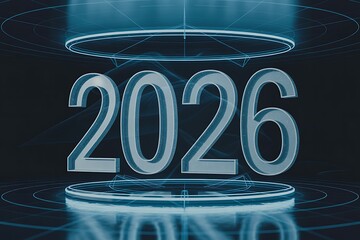 Futuristic 2026 year glowing in digital holographic display with abstract technology background