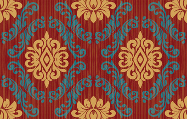 Seamless Damask pattern with Ikat floral design. Vector oriental embroidery inspired by Aztec and Baroque styles. Perfect for fabric, clothing, fashion, decoration, and tile textures.