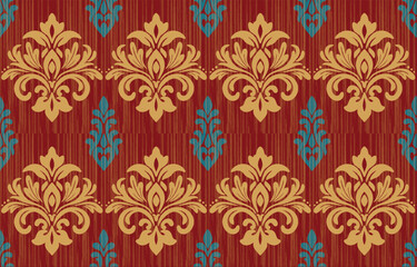 Seamless Damask pattern with Ikat floral design. Vector oriental embroidery inspired by Aztec and Baroque styles. Perfect for fabric, clothing, fashion, decoration, and tile textures.