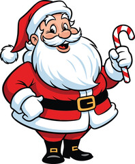 Flat vector cartoon Santa Claus illustration, festive Christmas character design, red suit artwork, candy cane holding pose, holiday themed concept