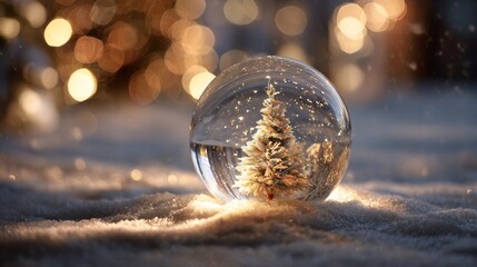 Christmas ball with a pine tree inside on snow
