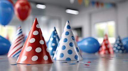 Obraz premium Colorful birthday party decorations create a festive atmosphere in a bright, cheerful room with balloons and confetti scattered on the table