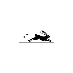 Running rabbit silhouette with stars within a black rectangular border