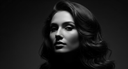 Fototapeta premium Dramatic Black and White Portrait of a Woman with Voluminous Wavy Hair and Intense Gaze