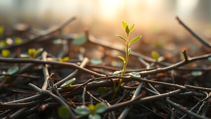 A tiny sprout emerges from a bed of twigs, bathed in the soft glow of the morning sun