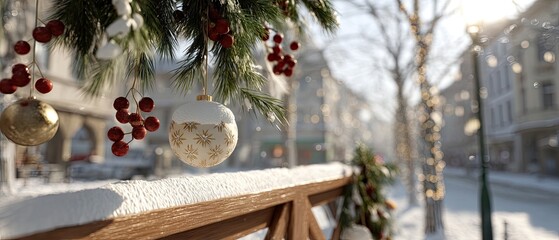 Winter holiday decorations with snow and sunlight showcasing a festive street scene in a charming town during the Christmas season