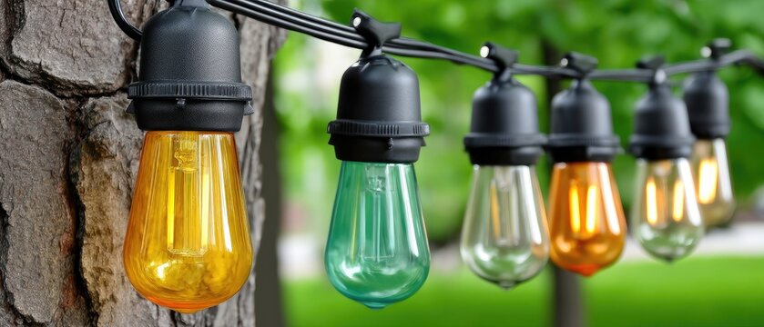 Colorful outdoor string lights illuminate a garden area during twilight hours, creating a warm and inviting atmosphere for evening gatherings