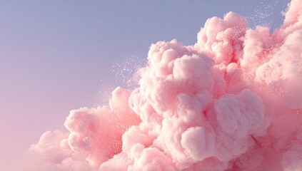 Dreamlike cloud of pink, billowing gently against a pastel sky, sprinkled with fine particles