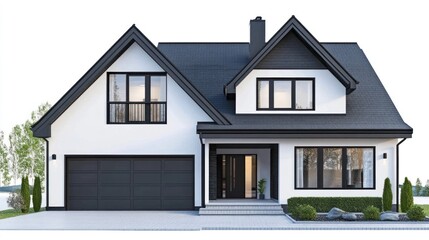 House view, two-story residential, dark roof, light walls, for real estate ads or architect visuals