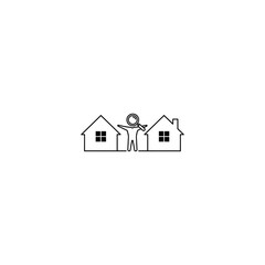 Stick figure between houses holds a magnifying glass in a black-and-white simple drawing