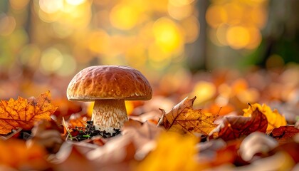 A close-up of a brown mushroom on the forest floor, surrounded by fallen autumn leaves, with a blurred, sunny backdrop