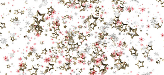 Festive background with gold stars and snowflakes on a white background perfect for holiday designs and Christmas decorations.