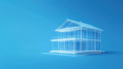 Wireframe house on blue background, real estate or architecture concept with clear lines and simple background