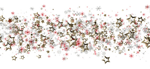 Elegant holiday background featuring a scatter of gold stars and red snowflakes on a white backdrop for Christmas, New Year, or celebratory desi