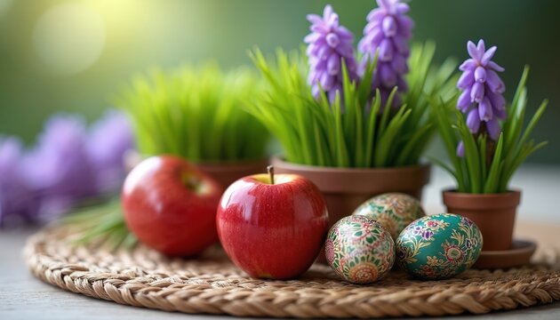 Red apples sit near decorated eggs and green wheat grass with purple hyacinth flowers. Spring still life arrangement signifies renewal and tradition. Festive table decor.