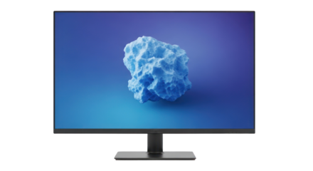 A black and white monitor with a blue screen and a blue object on it.