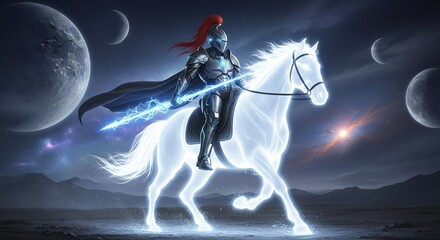 A knight on a glowing horse rides through a celestial landscape, embodying the spirit of adventure, magic, and the boundless possibilities of the imagination