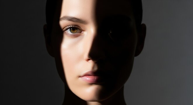 Dramatic Chiaroscuro Portrait: Woman's Face with Striking Light and Shadow Division