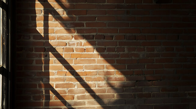 Light streams through a window, casting angular shadows on a rustic brick wall. The warm light contrasts with the cool shadows, creating visual interest.