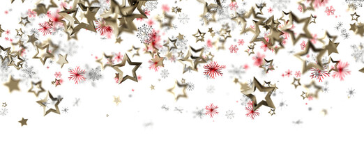 Abstract background with floating gold stars, snowflakes, and festive red details on a clean white backdrop. Perfect for holiday greetings, Chri