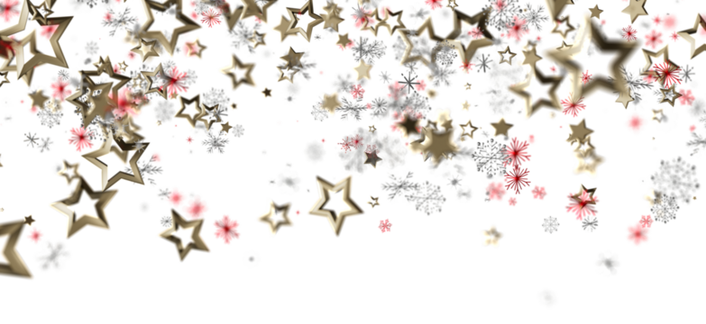 Decorative Christmas background with stars and snowflakes falling on a white background. Festive and celebratory, ideal for seasonal designs.