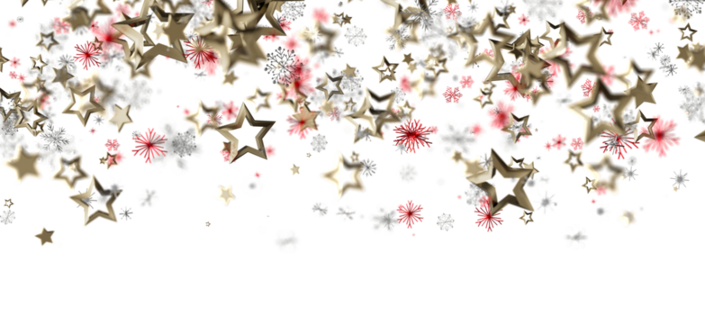 Abstract background with floating gold stars, snowflakes, and festive red details on a clean white backdrop. Perfect for holiday greetings, Chri
