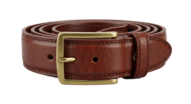 A brown leather belt with a brass buckle on a white background.