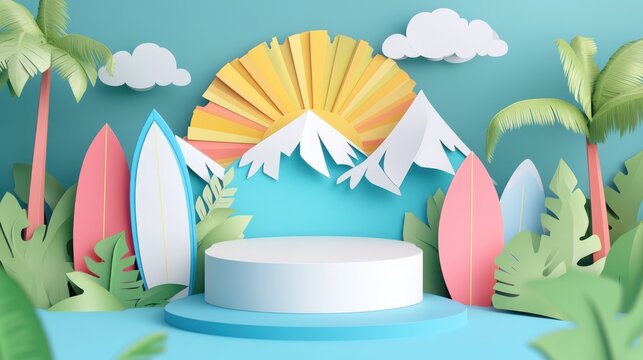 Tropical summer scene with display podium, surfboards, mountains, and palm trees; ideal for product display