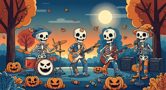 A lively skeleton band plays music amidst a spooky Halloween scene with pumpkins and autumn leaves under a full moon.