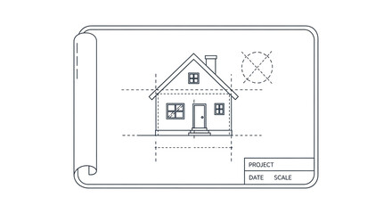 Architectural blueprint of a house isolated on white background, showcasing the design and layout in a technical drawing style with precise lines and details
