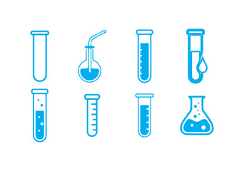 Chemical flask icon set.  equipment icons including beakers and test tubes. science experiments, education and medicine. vector illustration eps 10
