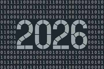 Dynamic digital year 2026 presented with futuristic binary code background, representing innovation and technological advancement