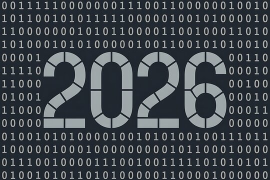 Dynamic digital year 2026 presented with futuristic binary code background, representing innovation and technological advancement