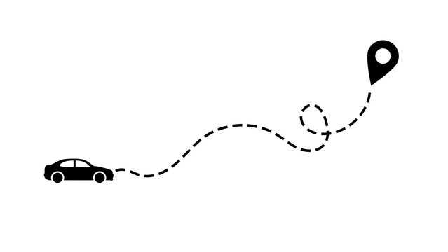 Car Following Dotted Route to Location Pin Icon Vector on Transparent Background for GPS Navigation and Travel